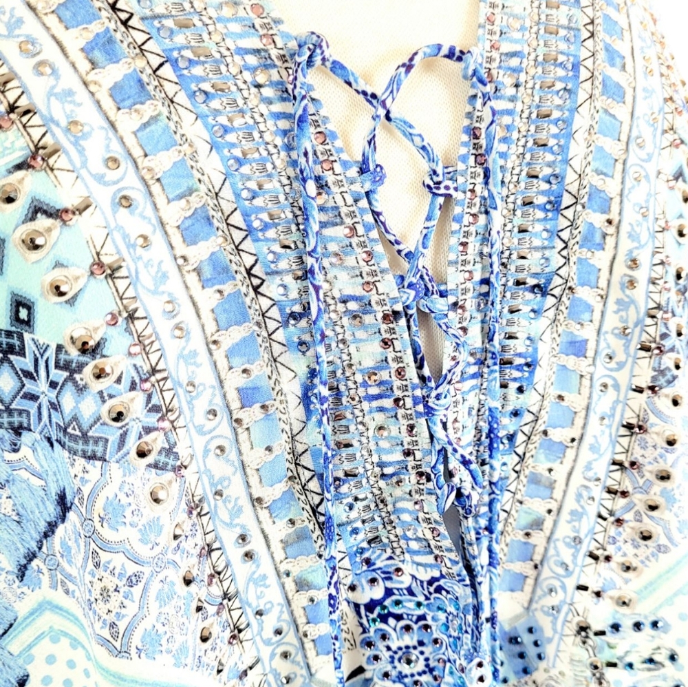 CAMILLA Day Dreamer Silk Embellished Lace Up Tunic Top Shirt Blouse Designer S - Picture 7 of 14
